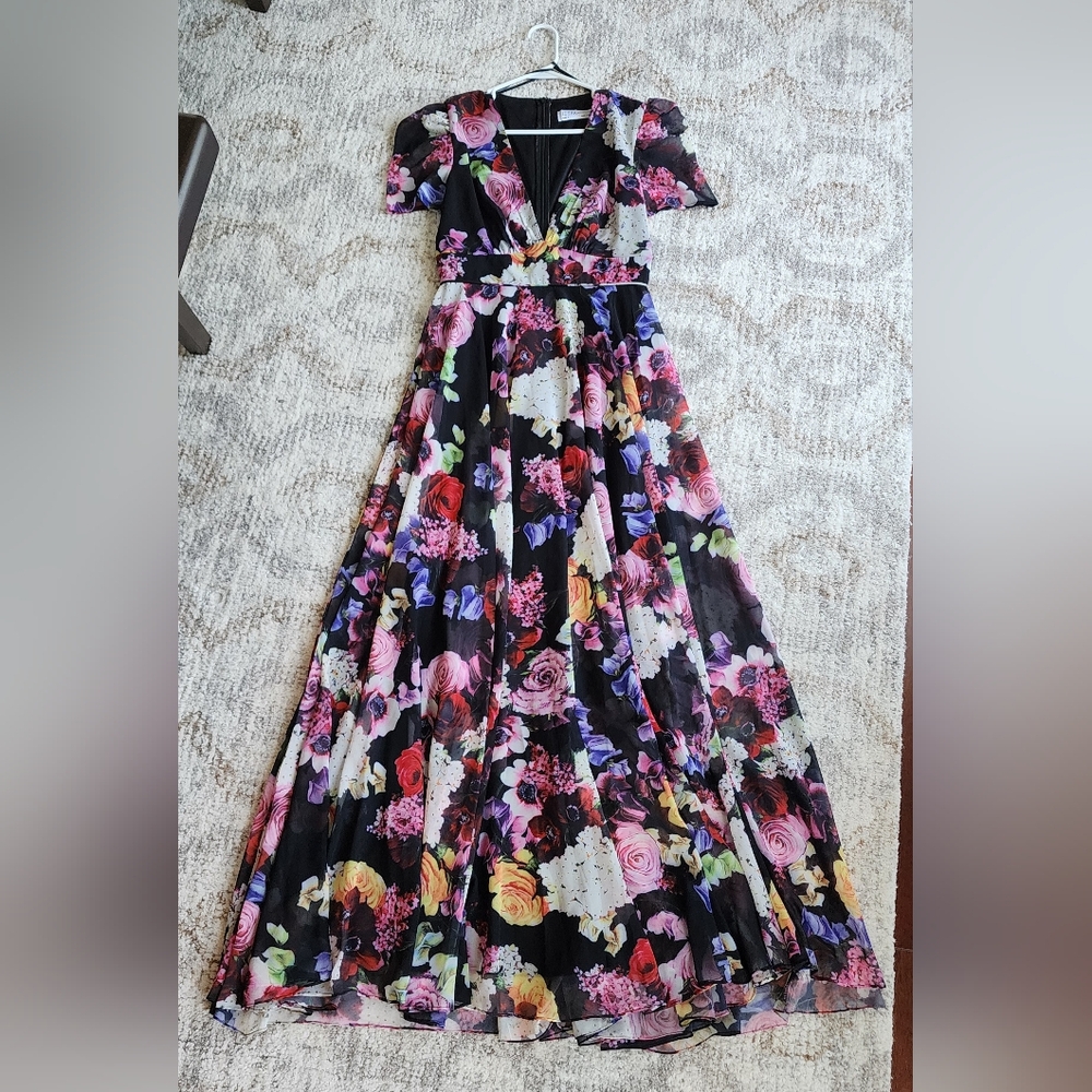 Ieena for Mac DuggalBlack Floral Print Mesh Short Sleeve Gown, Sizee 6 Worn Once - Picture 8 of 15
